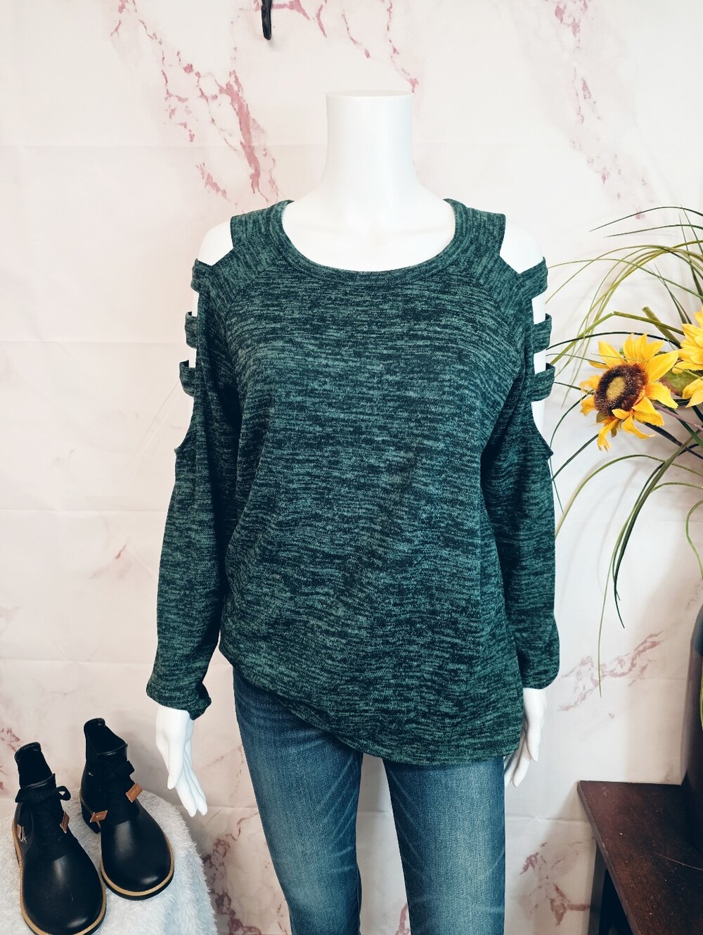 Always Indigo Cold Shoulder Ladder Sleeve Heathered Teal Long Sleeve Top Size L - Picture 3 of 7